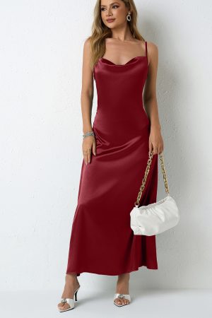 Female Casual Versatile Solid Color Satin Dress Women Pleated Sleeveless