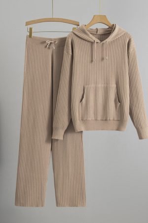 Hooded Knitted Sweater Set With Ribbed Detailing Casual Outfit