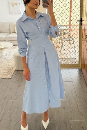 Blue Striped Single-breasted Shirt Dress