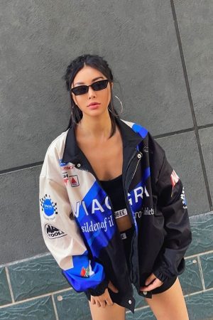 Sporty Blue Printed Casual Loose Long Sleeve Windbreaker Jacket