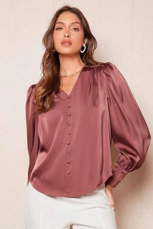 Women's New Casual Satin Button V-neck Long Sleeve Top