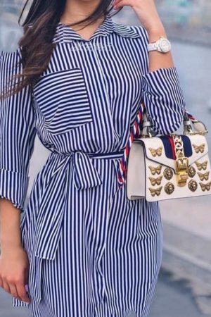 New Striped Blue Loose-fitting Mid-length Shirt Dress With A Tie Waist