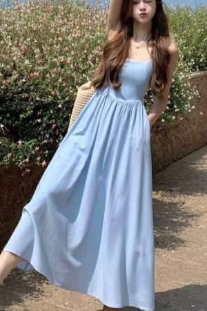 Gentle Blue Pleated Suspender Dress