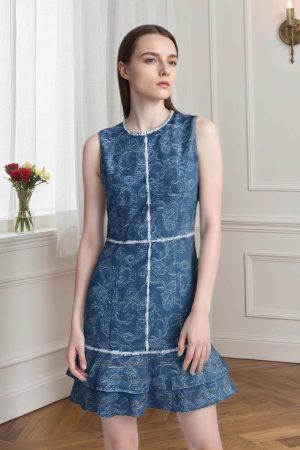 Women's Blue-and-white Printed Denim Dress
