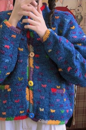 Women's Loose Blue Embroidered Knit Cardigan Jacket